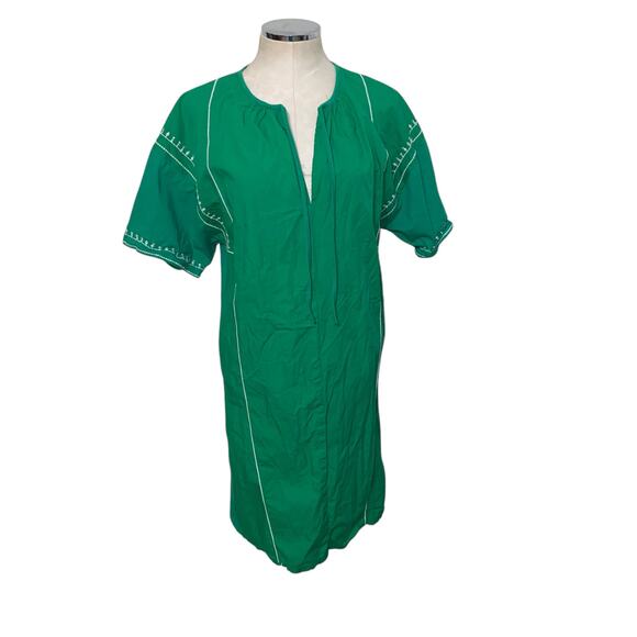 Zara Emerald Green Embroidered Split Neck Short Sleeve Shift Dress Size Medium - Picture 2 of 5